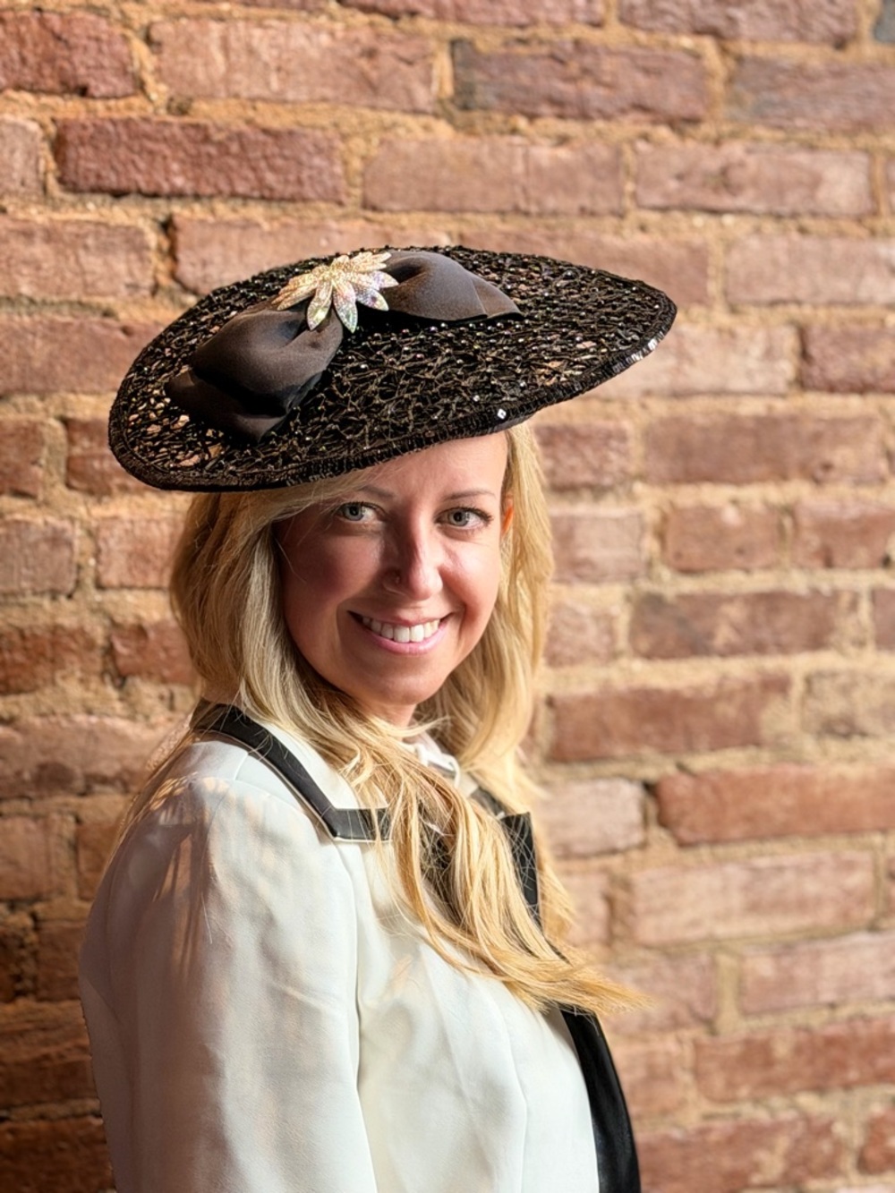 Black Woven Fascinator Hat with Satin Bow and Crystal Accent - Picture 5 of 5